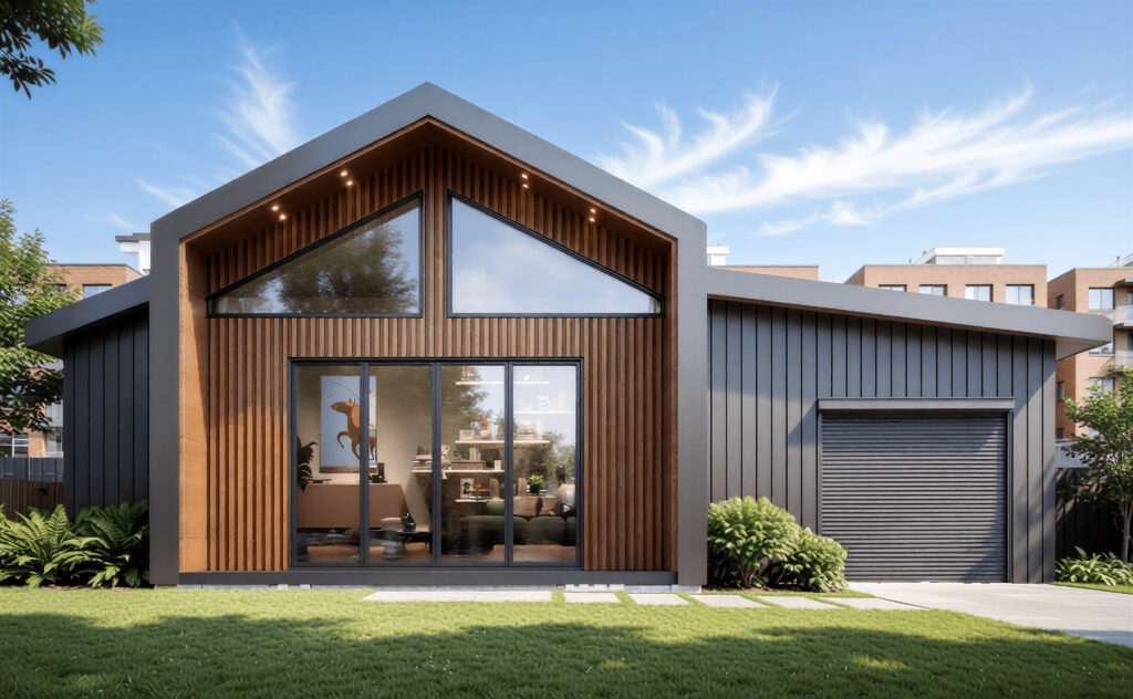 Modern granny flat with timber and dark cladding exterior, large glass doors, integrated garage in Sydney backyard