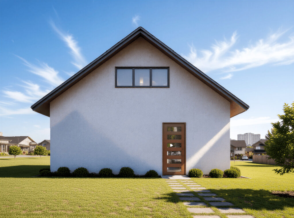 Modern white granny flat with timber door and large windows on green lawn in Sydney residential area