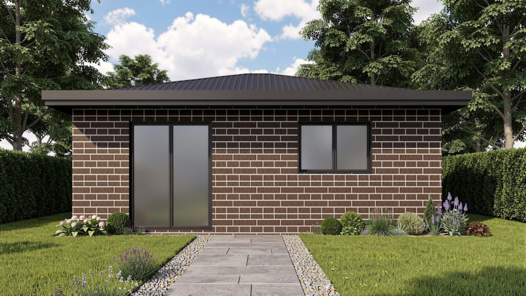 Modern brick granny flat with metal roof, large windows and landscaped garden pathway in Sydney backyard setting