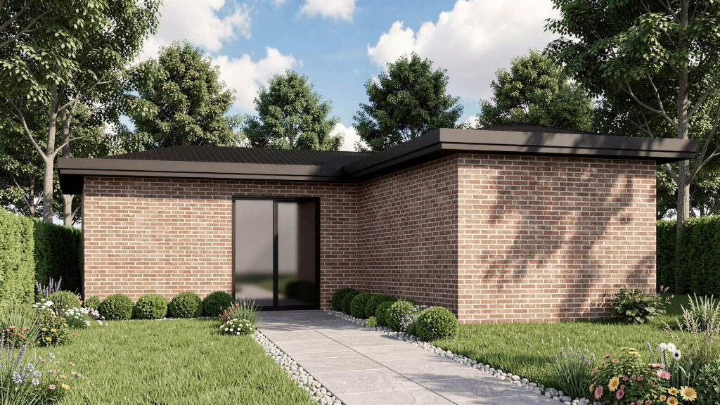 Modern brick granny flat with flat roof and glass entrance door surrounded by landscaped garden in Sydney backyard