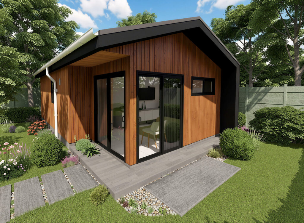 Modern timber and black metal granny flat with large glass doors in landscaped Sydney backyard garden