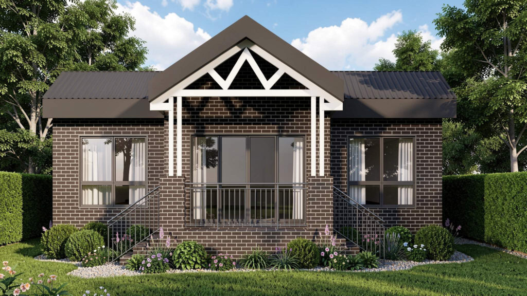 Modern brick granny flat with pitched roof, front balcony, large windows and landscaped garden in Sydney backyard