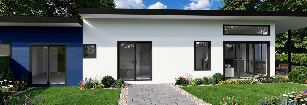 Modern single-story granny flat with white and blue exterior walls, large windows, manicured lawn and garden beds