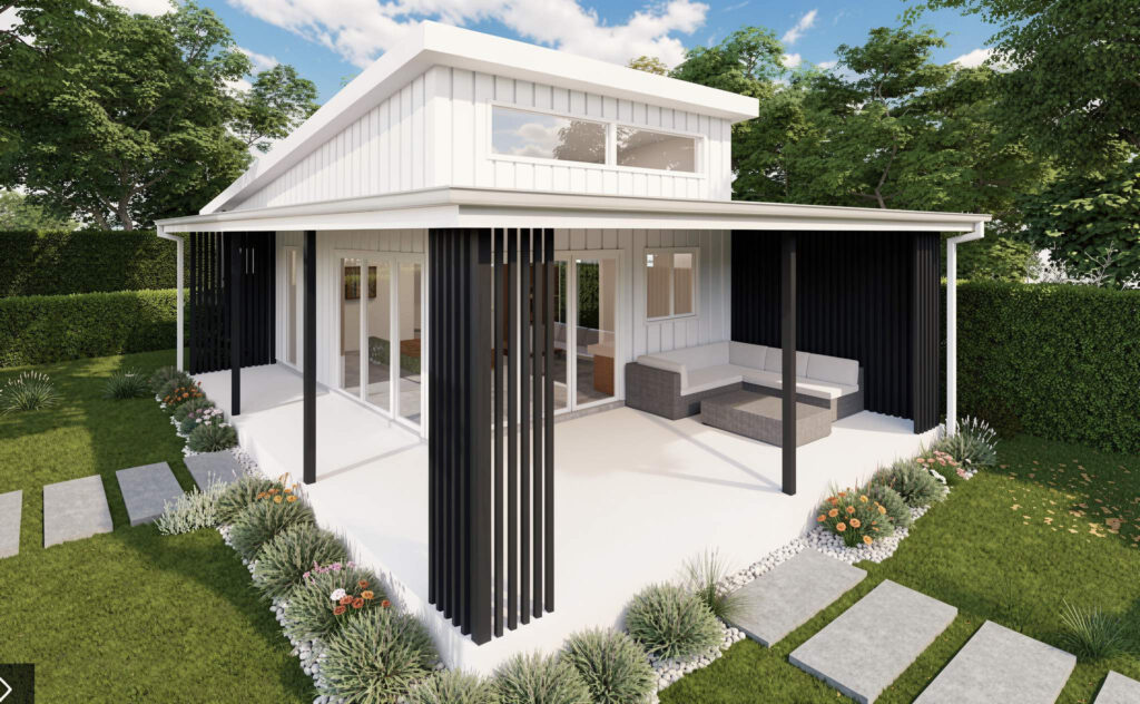 Modern white and black granny flat with covered outdoor entertaining area and landscaped garden in Sydney backyard