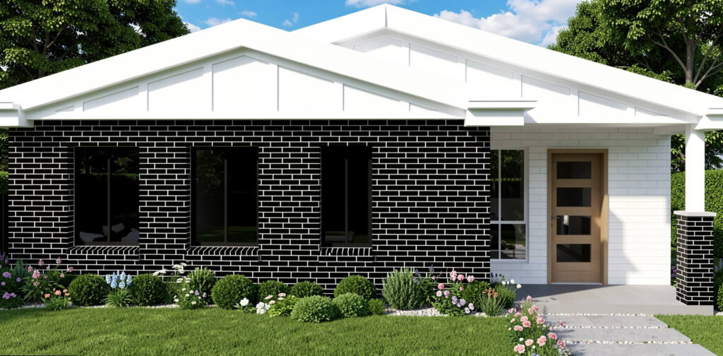 Modern single-story granny flat with dark brick exterior, white roof, timber front door and landscaped garden