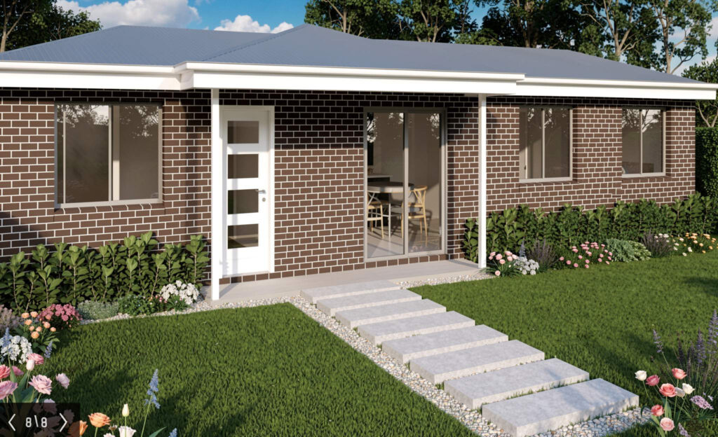 Modern brick granny flat with white trim, covered patio, and landscaped garden in Sydney backyard setting