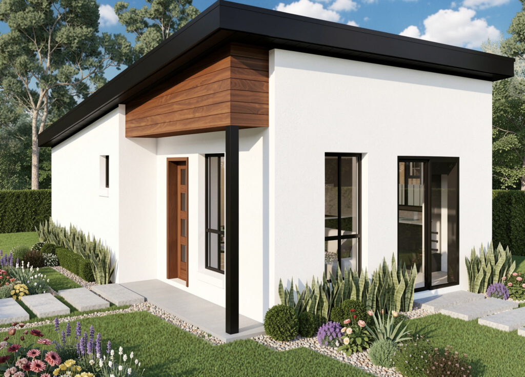 Modern single-story granny flat with white walls, timber accents, large windows and landscaped garden in Sydney