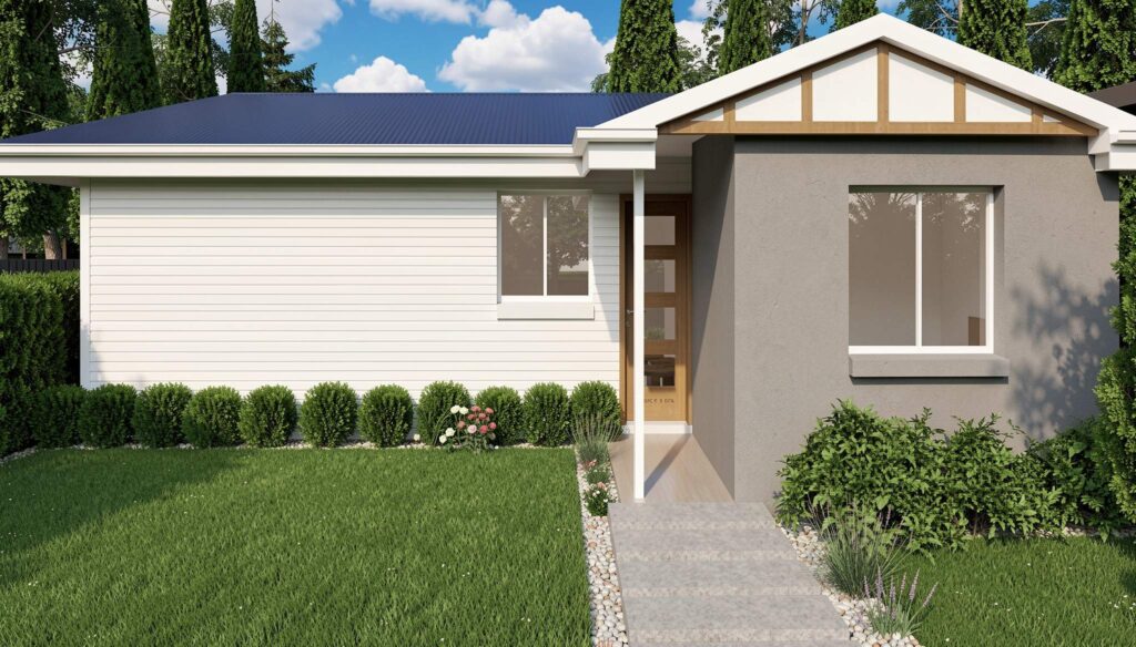 Modern single-story granny flat with grey exterior, white garage door, and landscaped front yard in Sydney