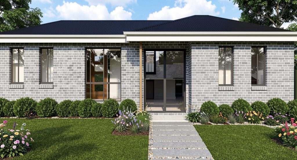 Modern single-story granny flat with grey brick exterior, black roof, and landscaped front garden in Sydney
