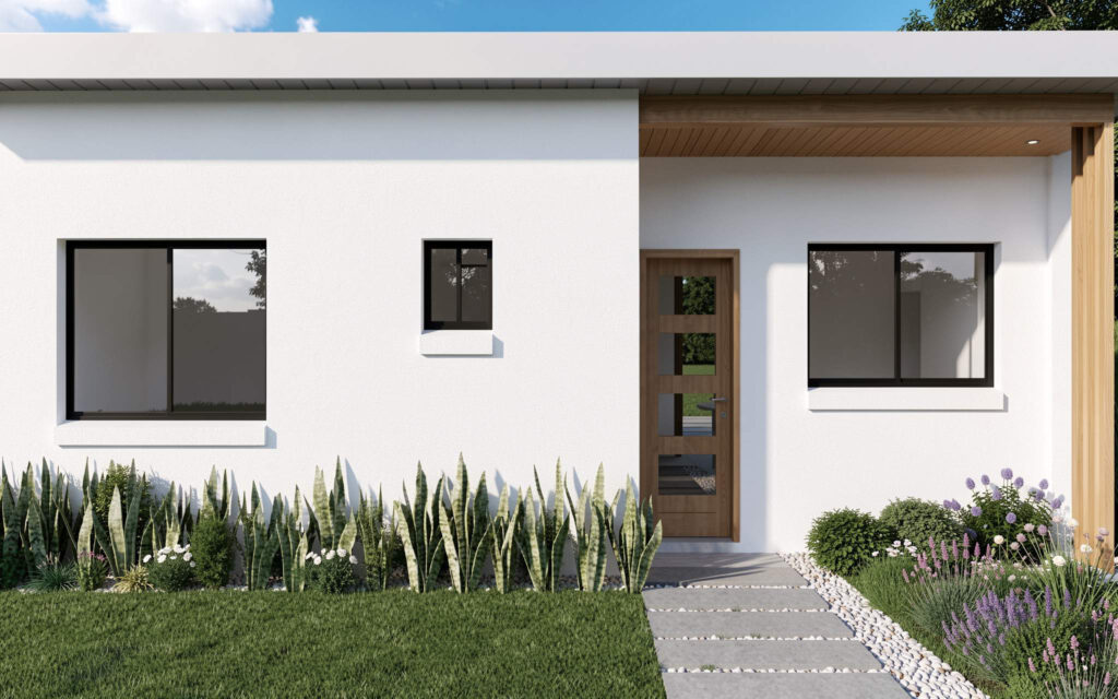 Modern white granny flat with timber accents, large windows, landscaped garden and concrete pathway in Sydney backyard