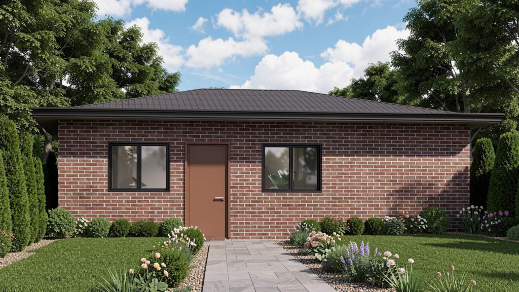 Modern brick granny flat with wooden door, large windows and landscaped garden in Sydney backyard setting