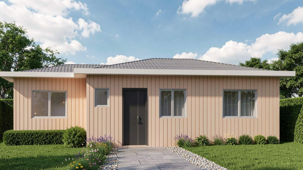 Modern single-story granny flat with light timber cladding, metal roof, and landscaped front yard in Sydney