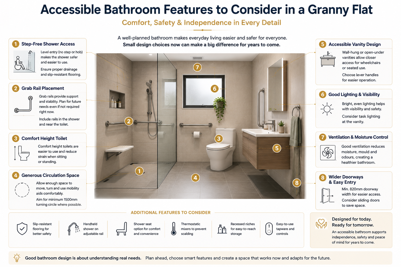 Accessible bathroom features diagram for a granny flat showing step-free shower access, grab rail placement, comfort height toilet, circulation space, accessible vanity, lighting, ventilation, and wider doorway access.
