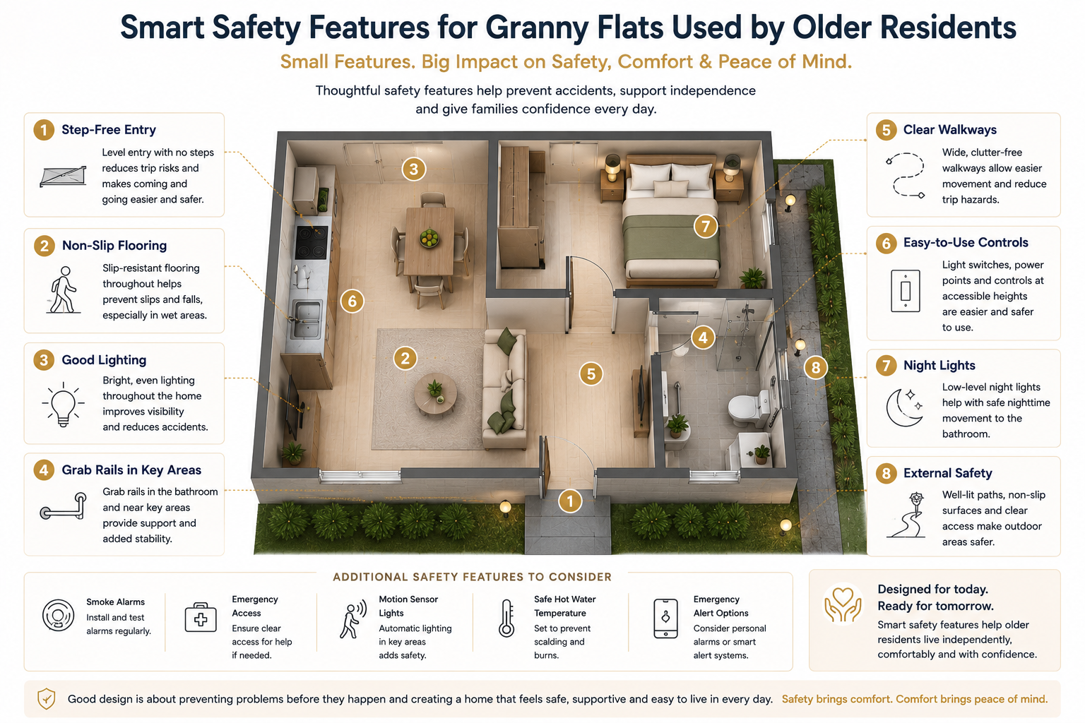 Smart safety features diagram for granny flats used by older residents, showing step-free entry, non-slip flooring, good lighting, grab rails, clear walkways, easy-to-use controls, night lights, external safety, smoke alarms, emergency access, motion sensor lights, safe hot water temperature, and alert options.