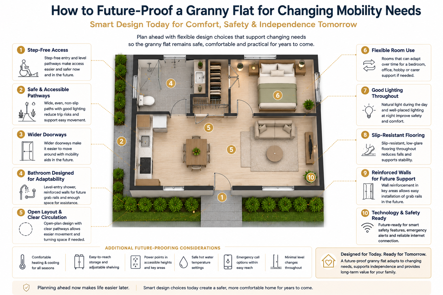 Future-proof granny flat design diagram showing step-free access, safe pathways, wider doorways, adaptable bathroom design, open circulation, flexible room use, good lighting, slip-resistant flooring, reinforced walls, and smart safety readiness.