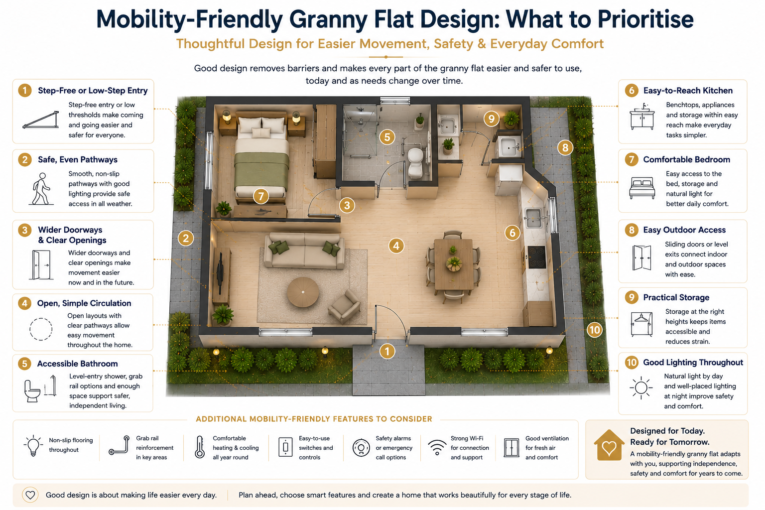 Mobility-friendly granny flat design diagram showing step-free or low-step entry, safe pathways, wider doorways, open circulation, accessible bathroom, easy-to-reach kitchen, comfortable bedroom, outdoor access, practical storage, and good lighting.